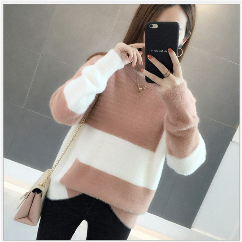 Casual Loose Pullover Long Sleeve Top Mink Wool Sweater