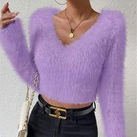 Autumn And Winter New Solid Color And V-neck Slim Fit All-match Plush Short Women's Sweater