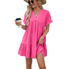 New Solid Color And V-neck Loose Pleated Dress Women