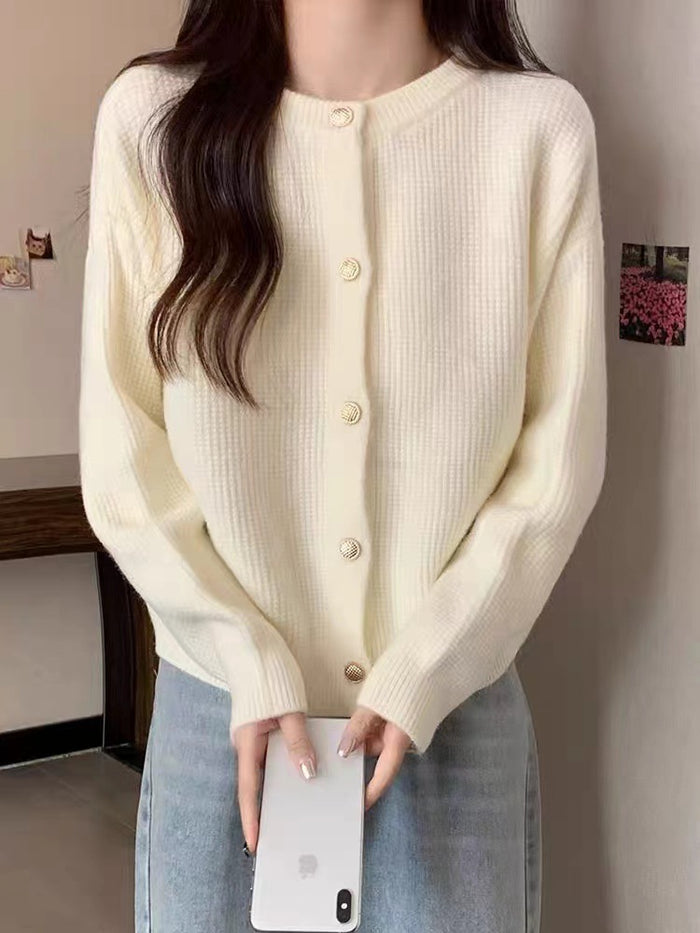 Fresh Round Neck Knitted Cardigan Spring And Autumn Design Younger Petite Top Candy Color Knitted Women's Coat