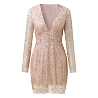 Deep V See-through Long Sleeve Short Dress Gold Sprinkling