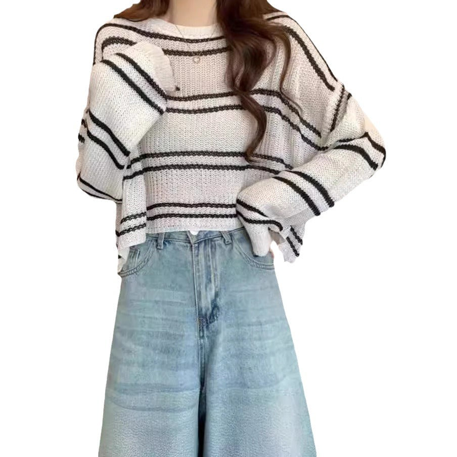 Striped Thin Sweater Loose Hollow-out Short Top