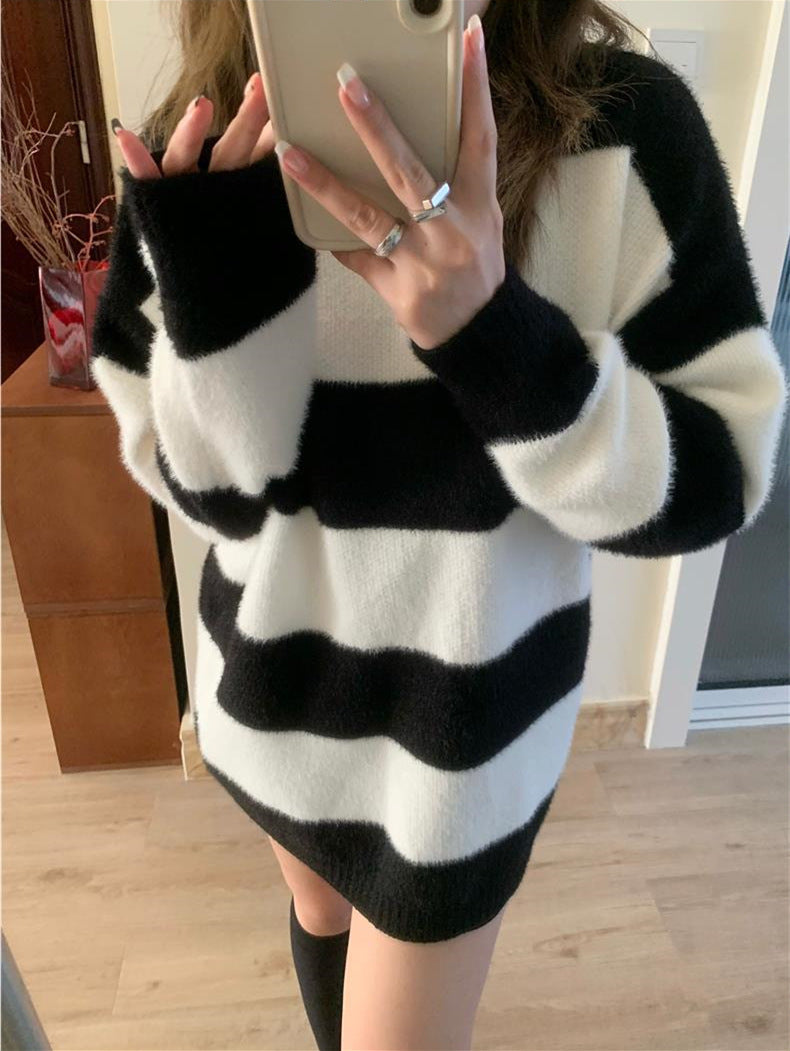 Loose Black And White Striped Color Matching Knitted Pullover Top