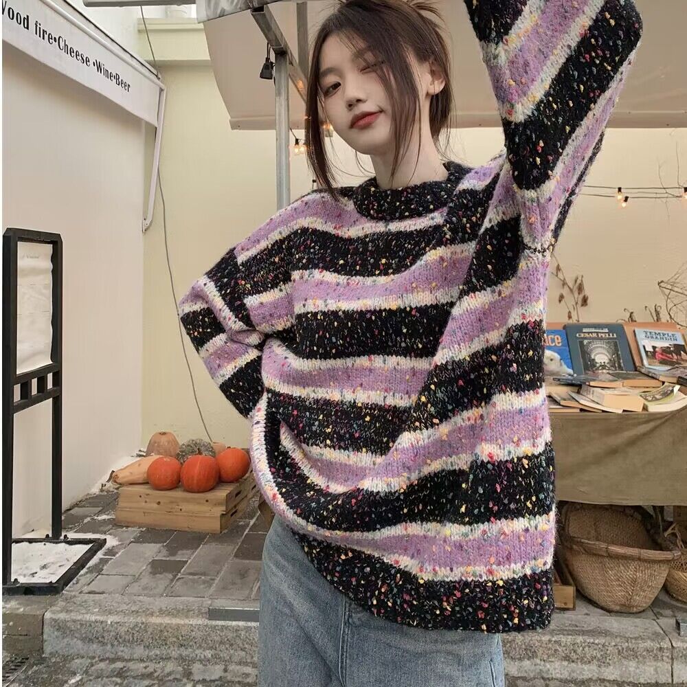 American Style Retro Design Striped Round Neck Sweater Idle Style Loose Outerwear Knitwear