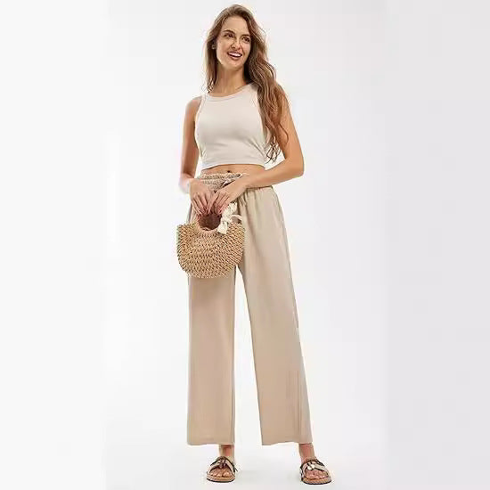 Women's Elastic Waist Pleated High Waist Straight-leg Pants Loose