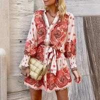 Women's Lace Lace Long-sleeved Printed V-neck Dress