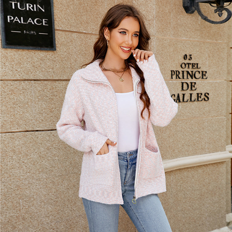 Women's Knitted Cardigan Casual Polo Collar Zipper