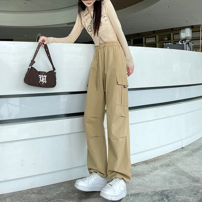 Drawstring Tooling Style High Waist Design Sense Ankle-tied Sports Wide-leg Pants