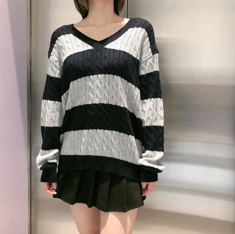 European And American Striped Cable-knit Sweater V-neck Loose Sweater For Women