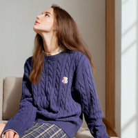 Bear Embroidery Round Neck Sweater For Women Style Lazy