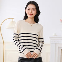 Women's Fashionable Round Neck Striped Cotton Sweater