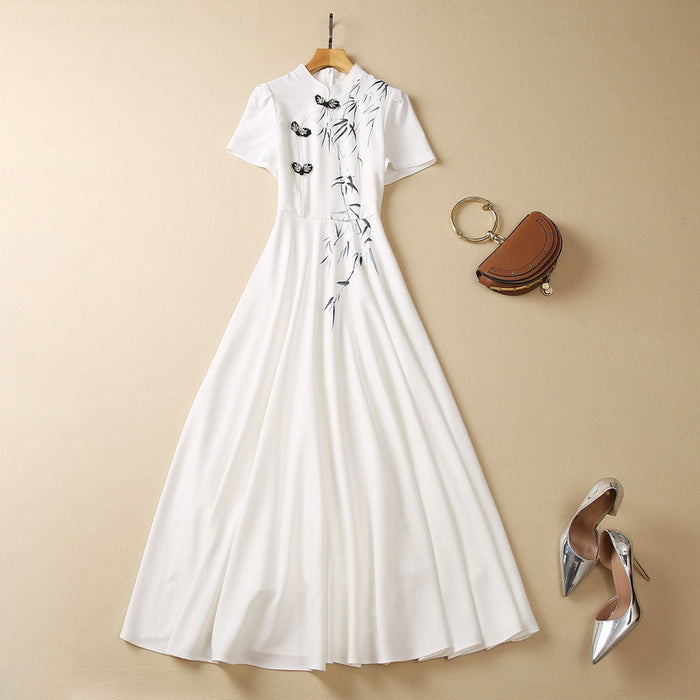 White Bamboo Leaf Printing New National Fashion Stand Collar Dress