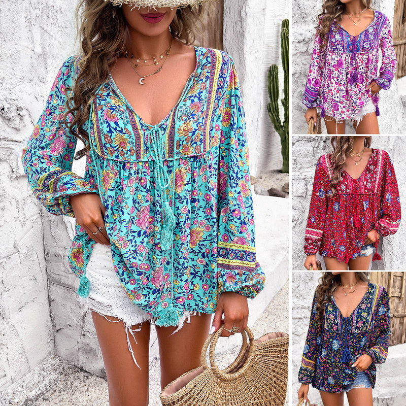 Women's Holiday Floral Print Long Sleeve Shirt