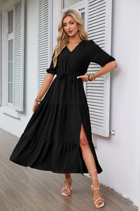 V-neck Buttons Drawstring Slit Hemline At Hem Short Sleeve Dress