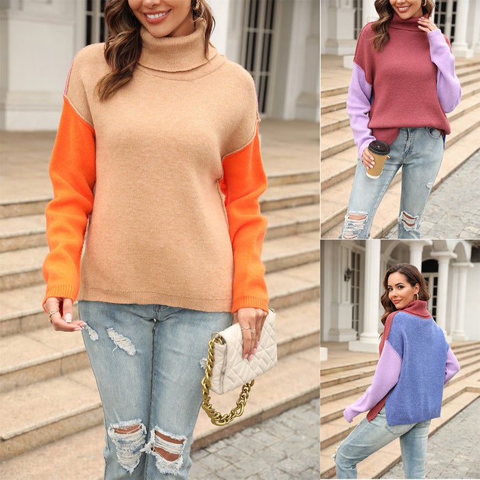 Women's Stitching Fashion Knitwear Turtleneck Pullover