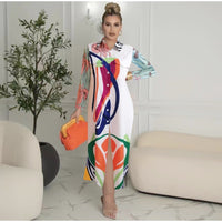 Long Sleeve Printing Lapel Shirt Women's Long Dress