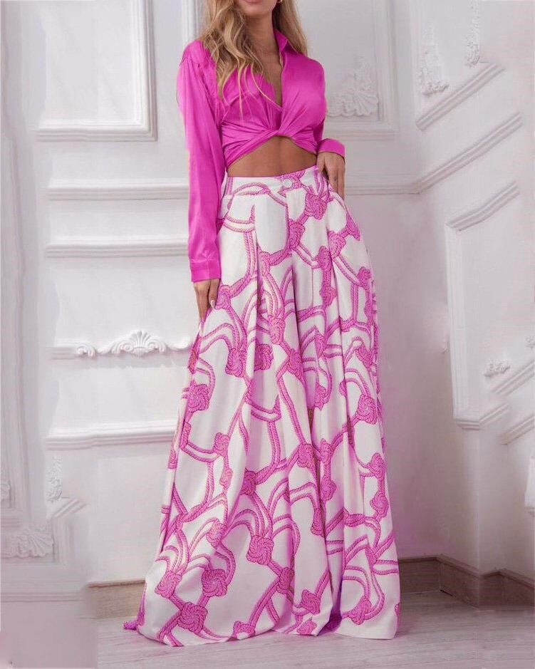 Women's Printed Lace Up Shirt High Waist Wide Leg Pants Two-piece Set