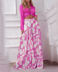 Women's Printed Lace Up Shirt High Waist Wide Leg Pants Two-piece Set