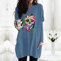 Women's Fashionable Colorful Skull Printed Long-sleeved T-shirt