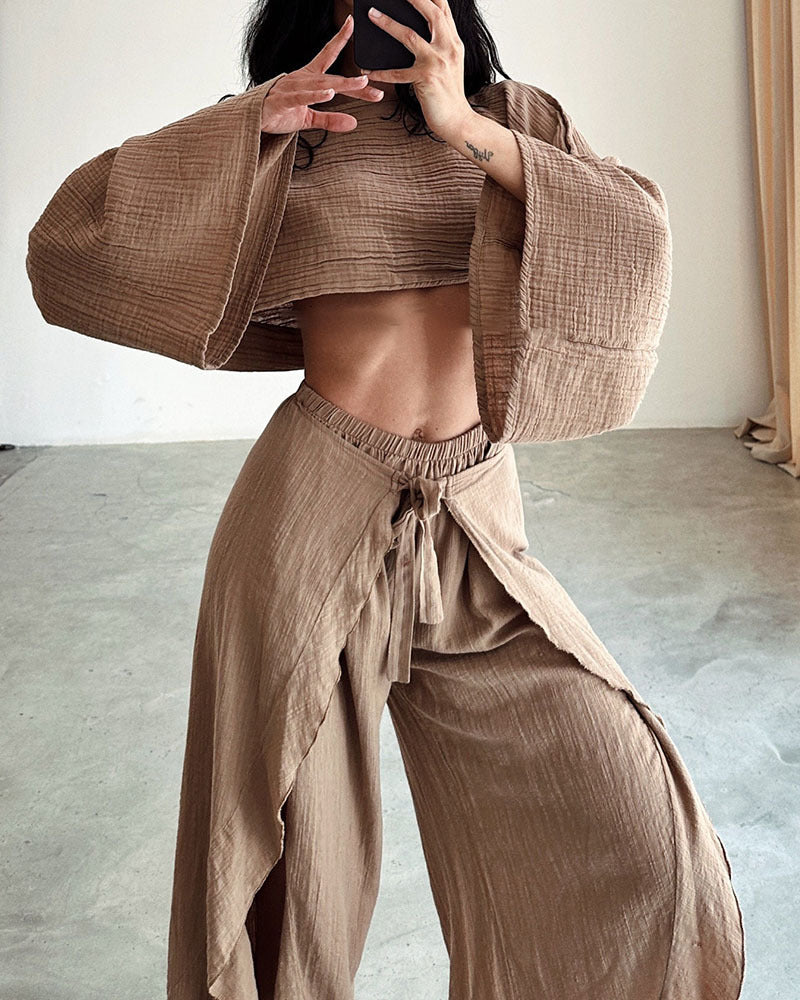 Linen Blend Cropped Top And Elastic Waist Belt Ruffled Trousers Suit