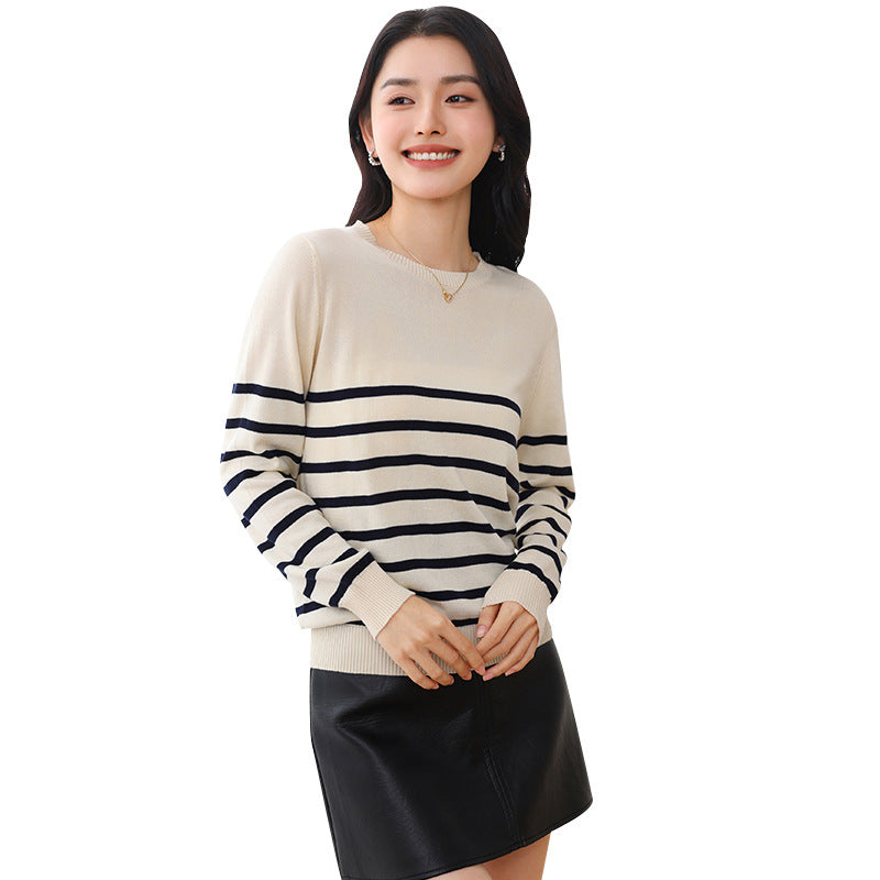 Women's Fashionable Round Neck Striped Cotton Sweater