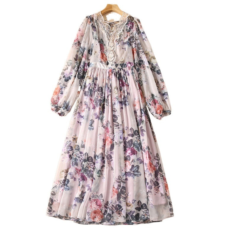 See-through Back Strap Chiffon Printed V-neck Long-sleeve Dress