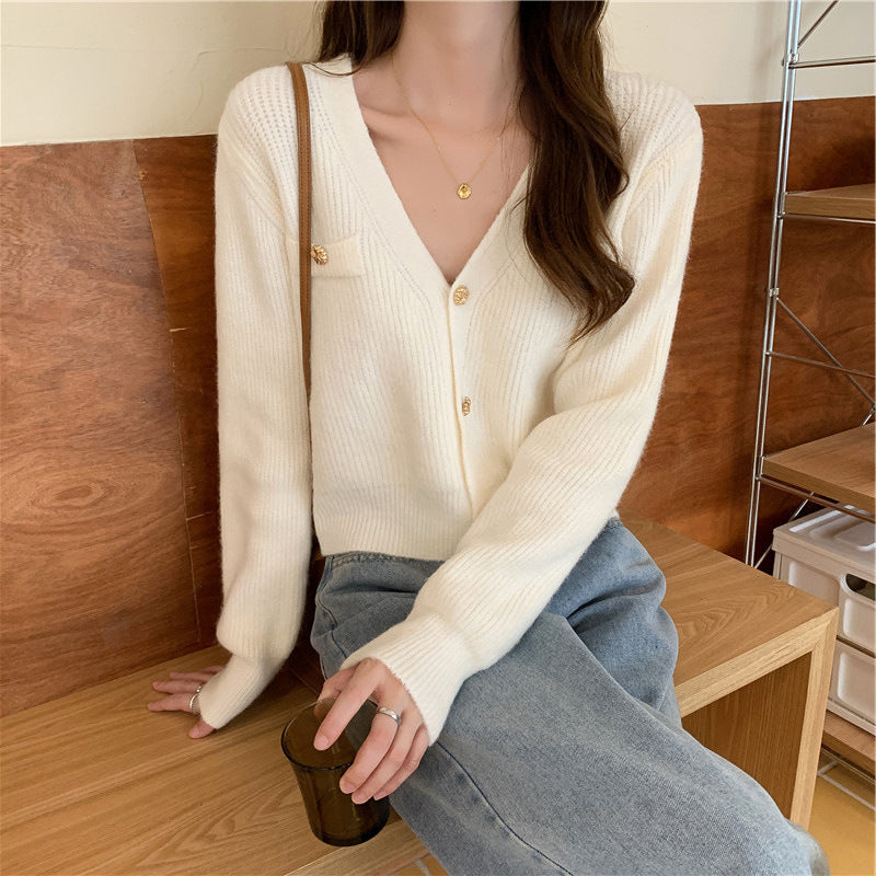 Classic Style Short Knitted V-neck Long-sleeve Cardigan Sweater