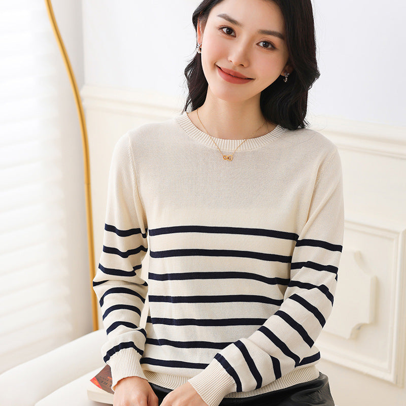 Women's Fashionable Round Neck Striped Cotton Sweater