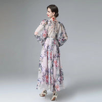 See-through Back Strap Chiffon Printed V-neck Long-sleeve Dress