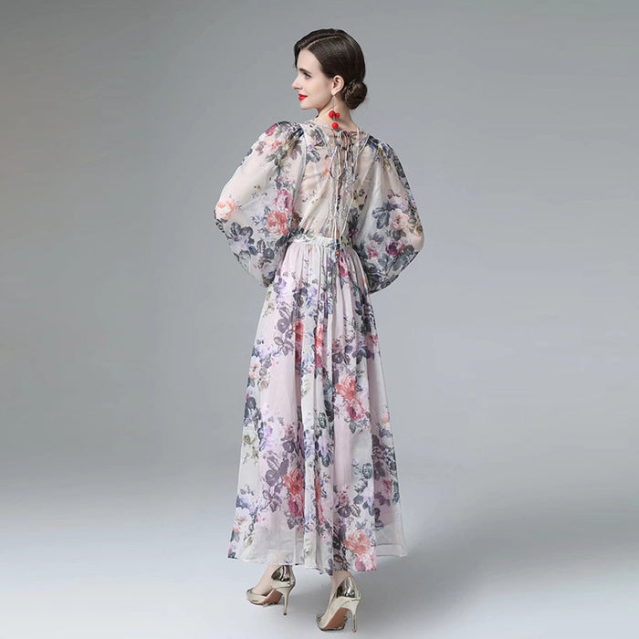 See-through Back Strap Chiffon Printed V-neck Long-sleeve Dress