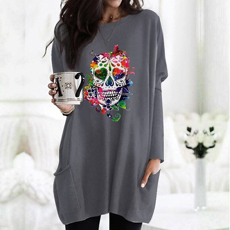 Women's Fashionable Colorful Skull Printed Long-sleeved T-shirt