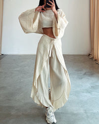 Linen Blend Cropped Top And Elastic Waist Belt Ruffled Trousers Suit