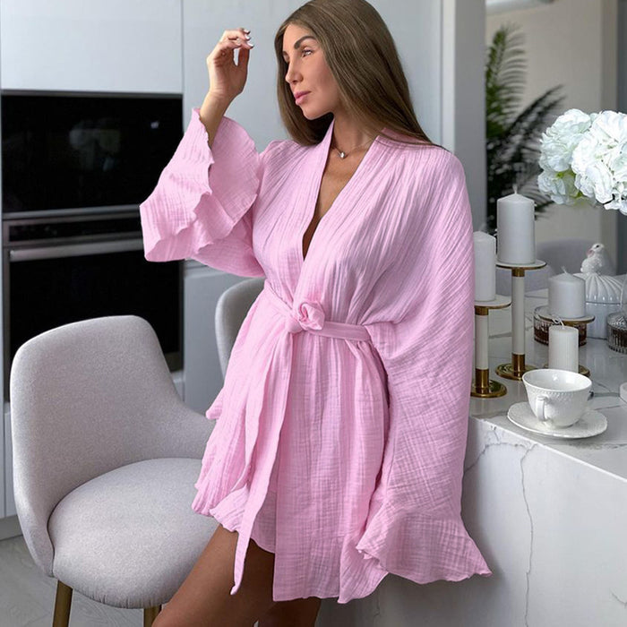 Long-sleeved Pajamas Crepe Cotton Ruffles Nightgown Shorts Suit Loose Cross-border Home Wear