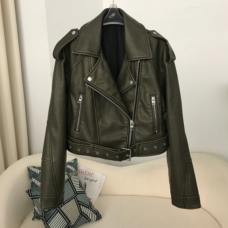 Spring And Autumn Women's Two-color Washed Leather Worn Motorcycle European And American Style Jacket Leather Coat Coat