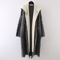 Hooded Tassel Knitted Cardigan Fake Two-piece Overknee Sweater Coat