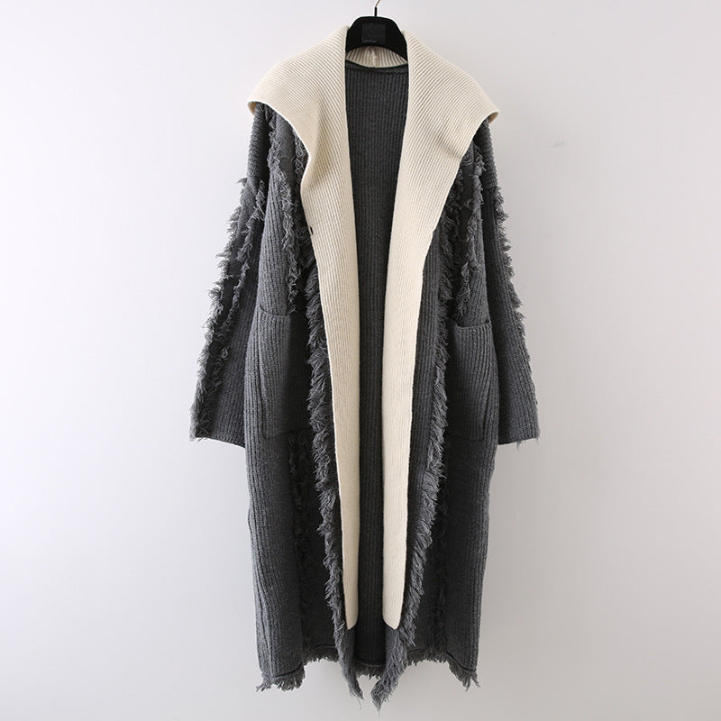 Hooded Tassel Knitted Cardigan Fake Two-piece Overknee Sweater Coat