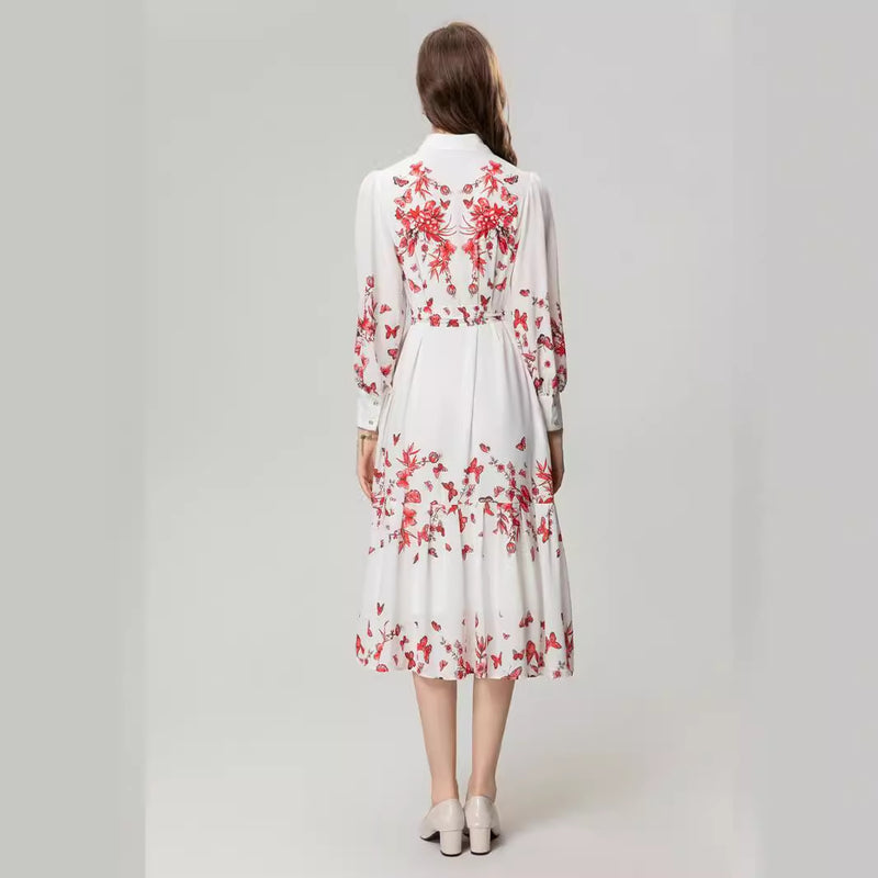 Heavy Industry Beads Printed Flowers On Chest Lace-up Long Sleeve Dress