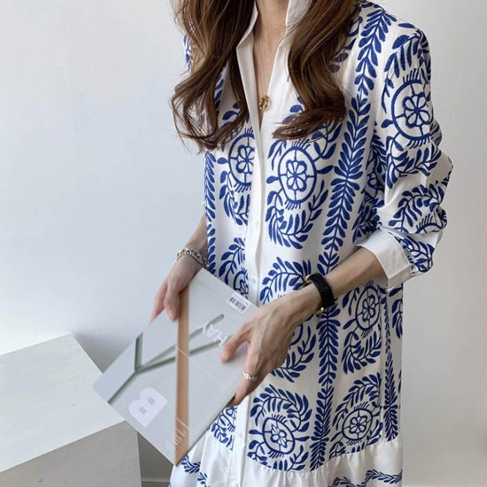 Women's Blue And White Porcelain Printed Shirt Long Dress