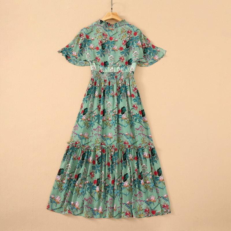 Beaded V-neck Chiffon Printed Elastic Waist Cloak Shoulder Dress