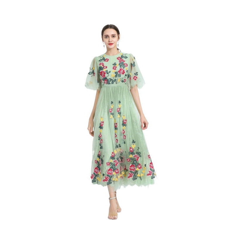 Oversized Swing Positioning Embroidery Flower Lace Dress Green