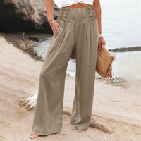 Casual Elastic High Waist Women's Cotton Linen Wide Leg Pants