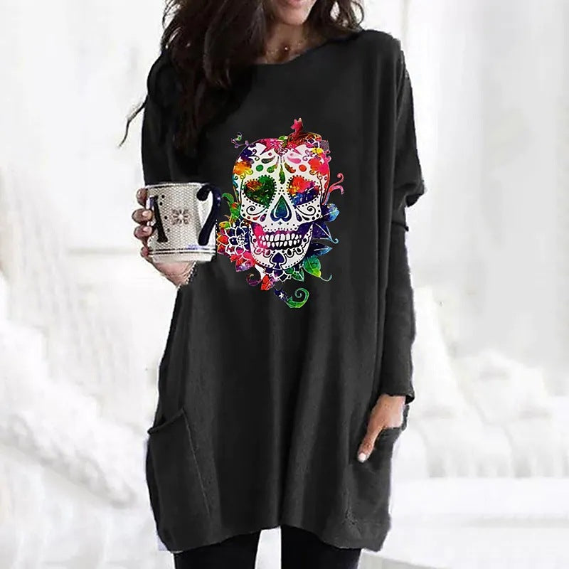 Women's Fashionable Colorful Skull Printed Long-sleeved T-shirt