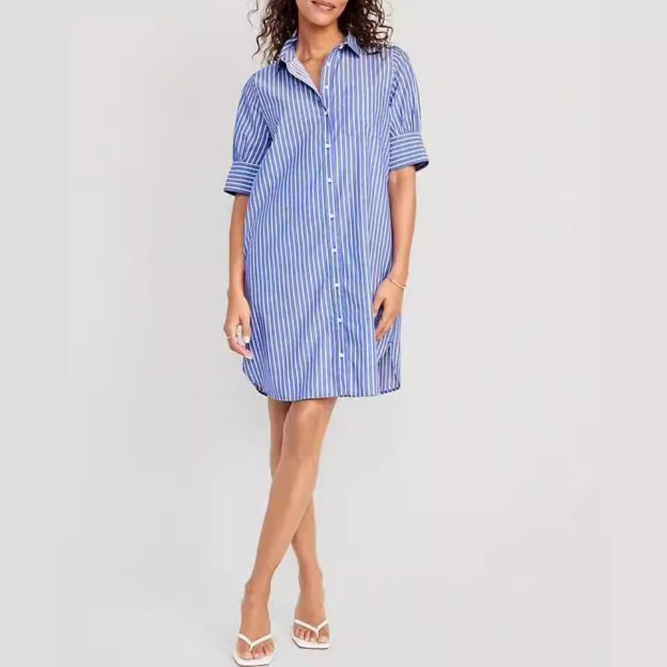 Striped Pocket Single-breasted Dress Women