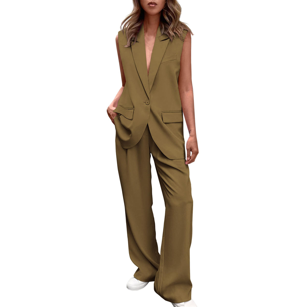 Women's Fashion Sleeveless Small Suit Straight-leg Trousers Suit