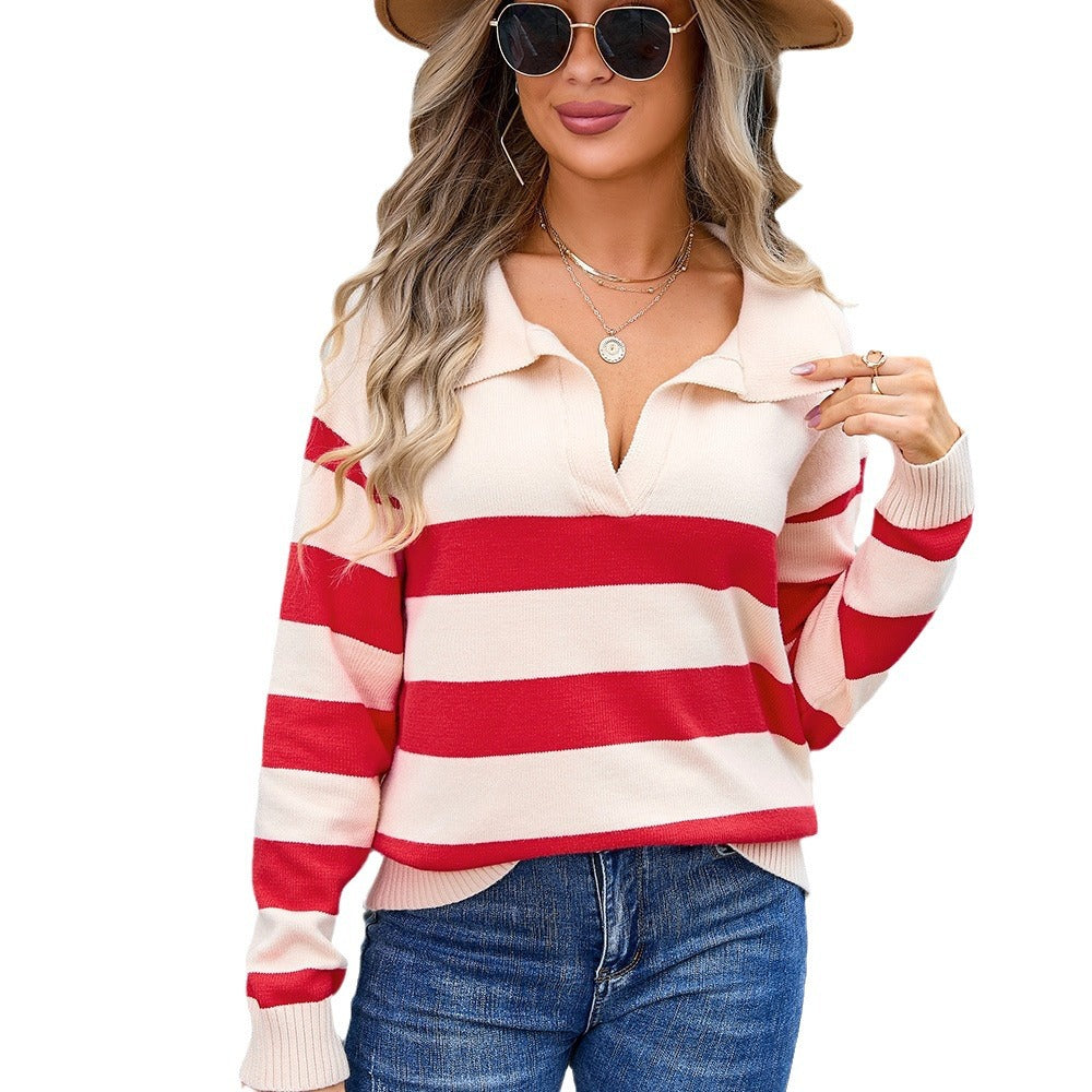 Women's Sweater Striped Stitching PLOL Collar