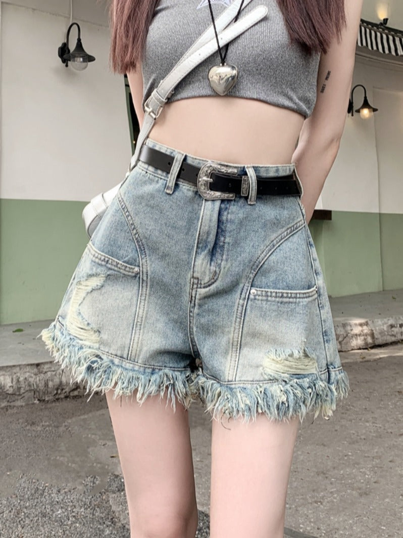 Ripped Denim Shorts Wide Leg Frayed Hem A- Line Retro High Waist