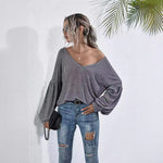 Women's V-neck Backless Pocket Lantern Sleeve Colored Cotton Sweater Top