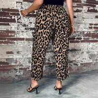 Plus Size Women's Lace-up Leopard Print Woven Pants