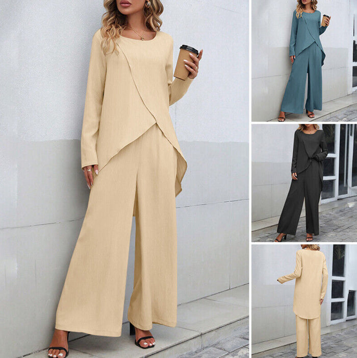 Women's Fashion Long Sleeve Irregular Hem Top Elastic Waist Wide Leg Trousers Two-piece Set