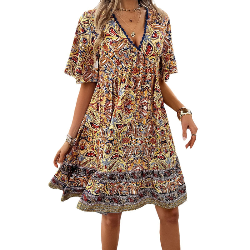 Spring And Summer Vacation Leisure Printed V-neck Dress